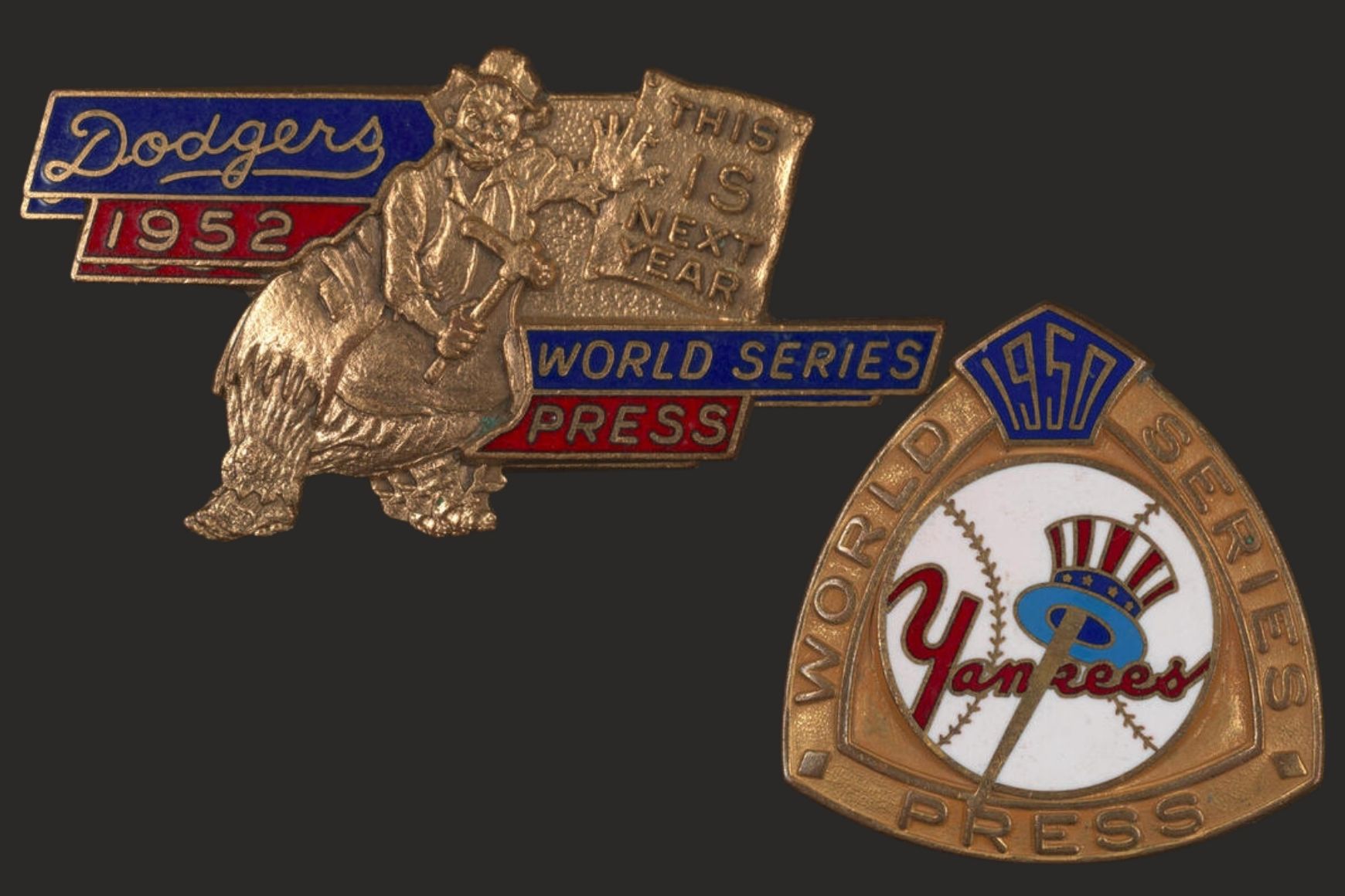 1950s Dodgers and Yankees World Series Press pins.